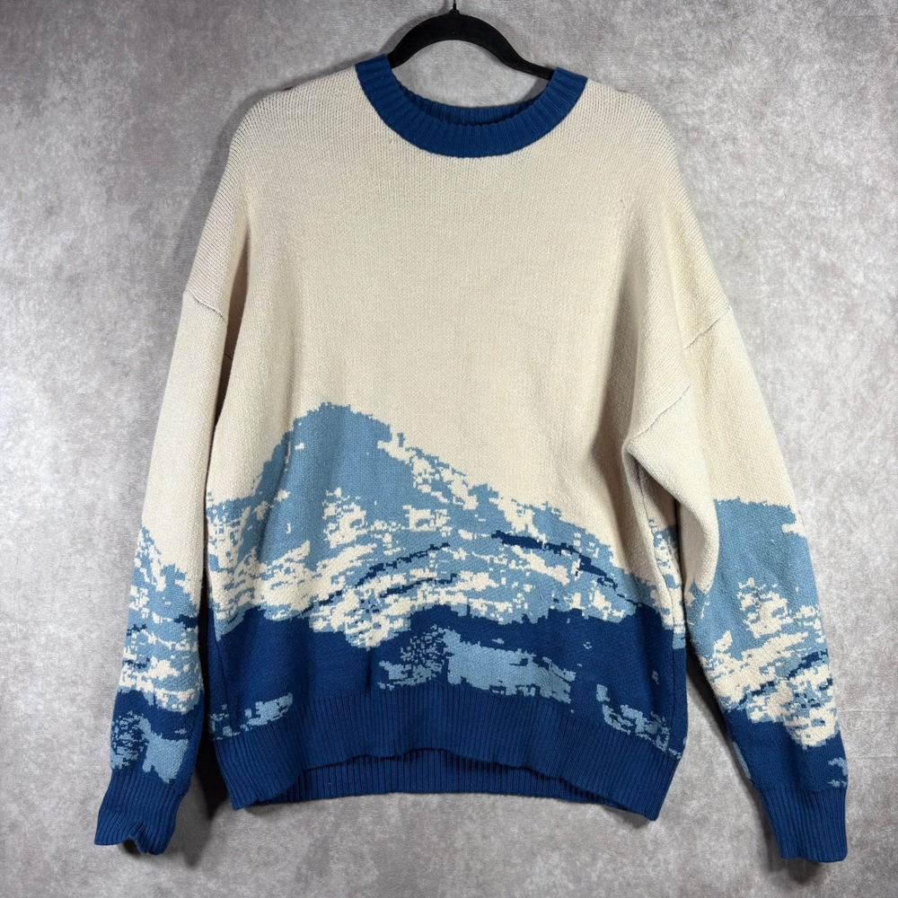 Aelfric Eden Sweater Women L Cream Blue Mountain Graphic Knit Oversized Pullover